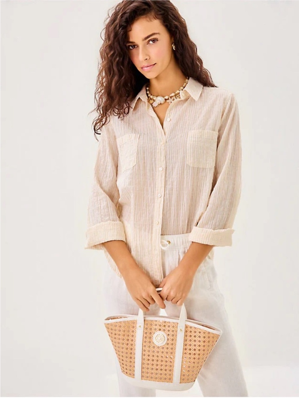 LILLY PULITZER Oxford Stripe Wicker Tan Sea View Button Down Shirt